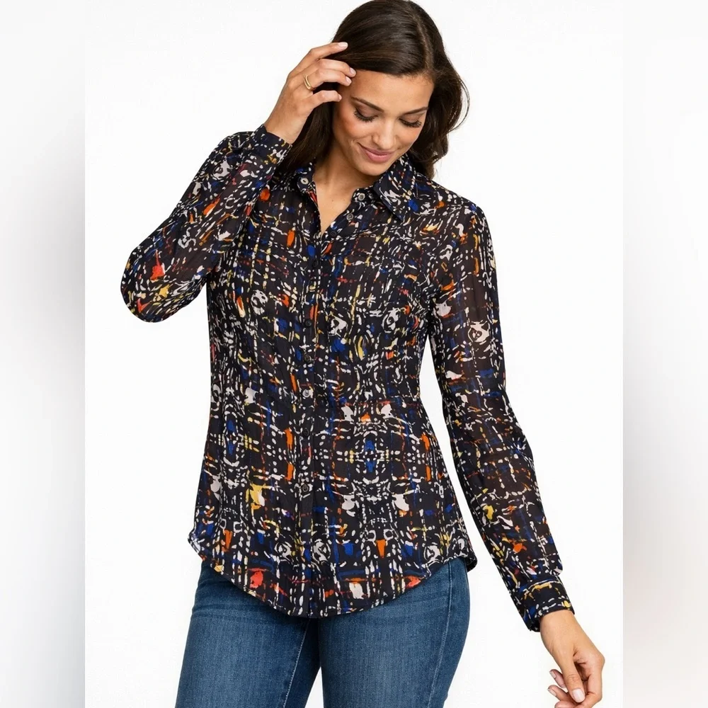 CABi XL Sheer Abstract Print Button Down Blouse Multicolor Career Top - Picture 1 of 12